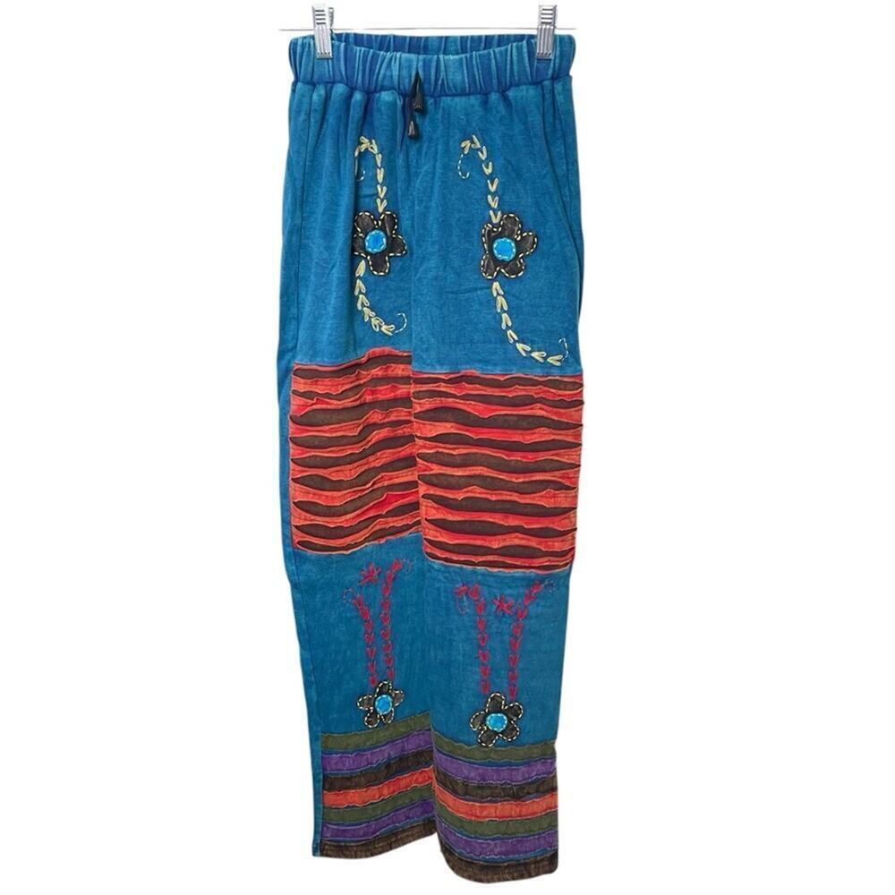 KPC 100% Cotton Embroidered 90's Y2K PatchworkPants, Boho Hippie Free Spirit, M